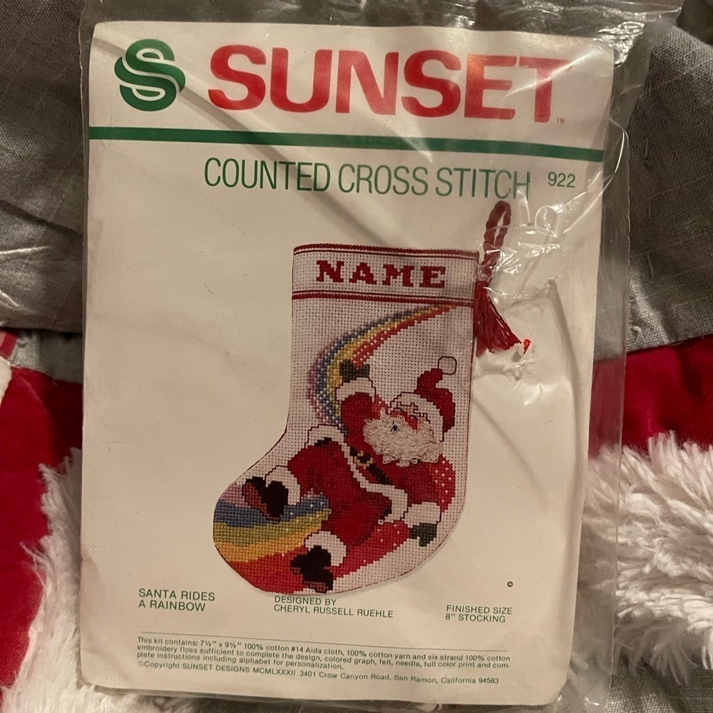 Sunset Counted Cross Stitch Kit #922 Santa Rides A Rainbow Stocking NOS 1982